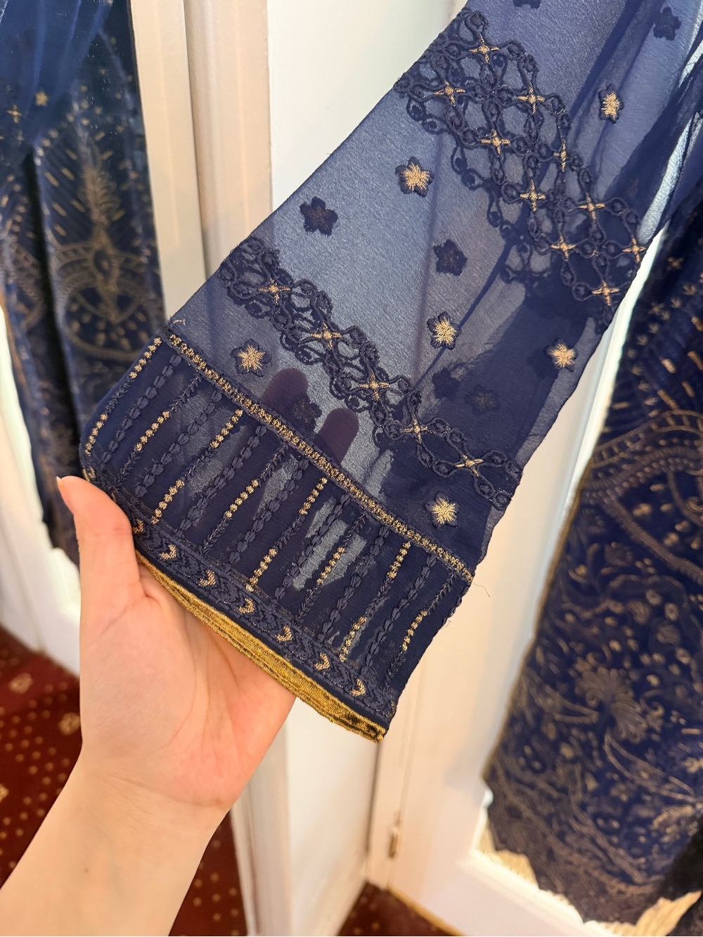 Navy Embroidered Sheer Long Kurta With Gold Threadwork View 4